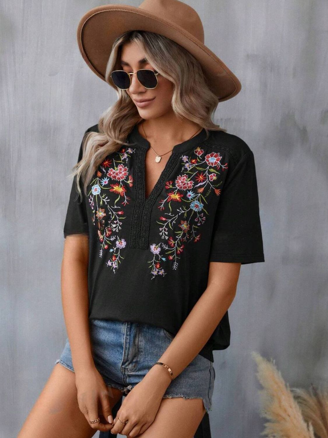 Embroidered Notched Short Sleeve T-Shirt-Angel Casuals