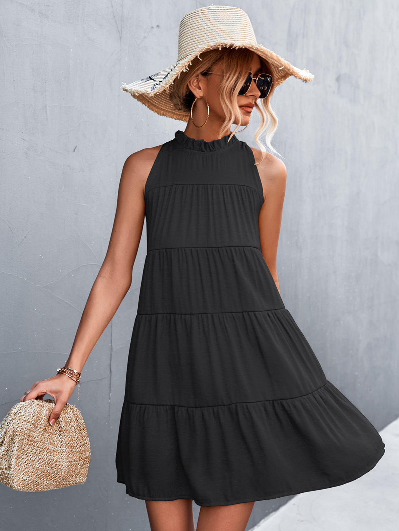 Tie Back Mock Neck Tiered Dress-Angel Casuals