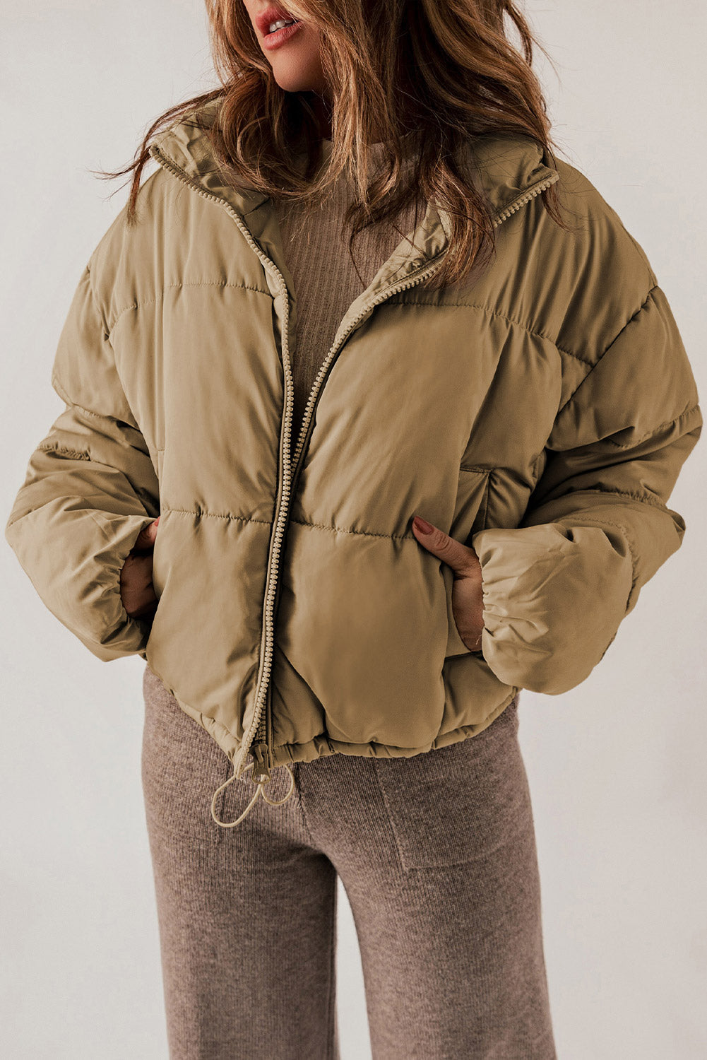 Zip Up Collared Neck Long Sleeve Winter Coat-Angel Casuals