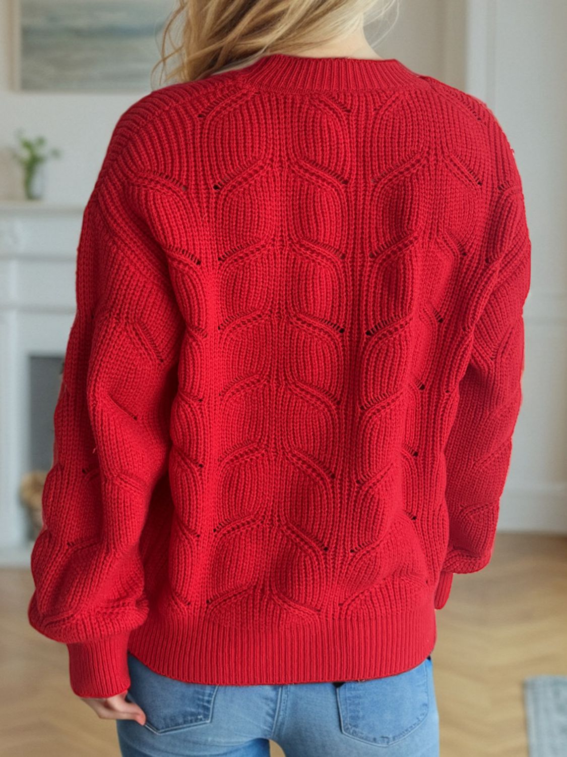 Openwork Round Neck Dropped Shoulder Sweater-Angel Casuals
