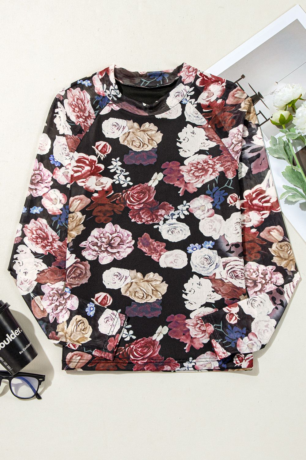 Floral Mock Neck Long Sleeve Mesh Top-Angel Casuals