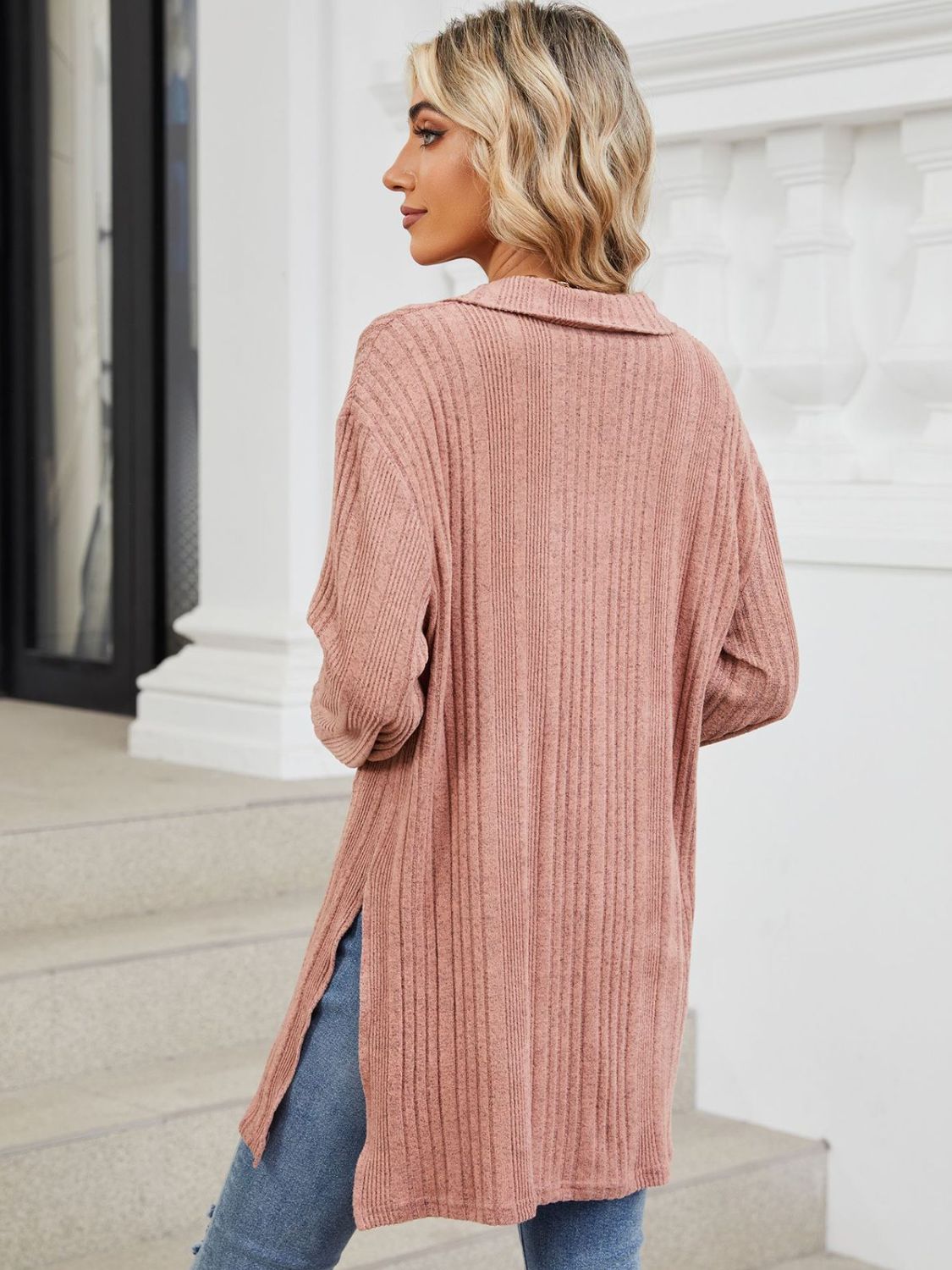 Slit Johnny Collar Long Sleeve T-Shirt-Angel Casuals