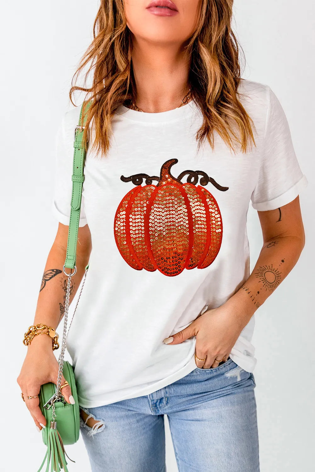 Full Size Sequin Pumpkin Round Neck Short Sleeve T-Shirt-Angel Casuals