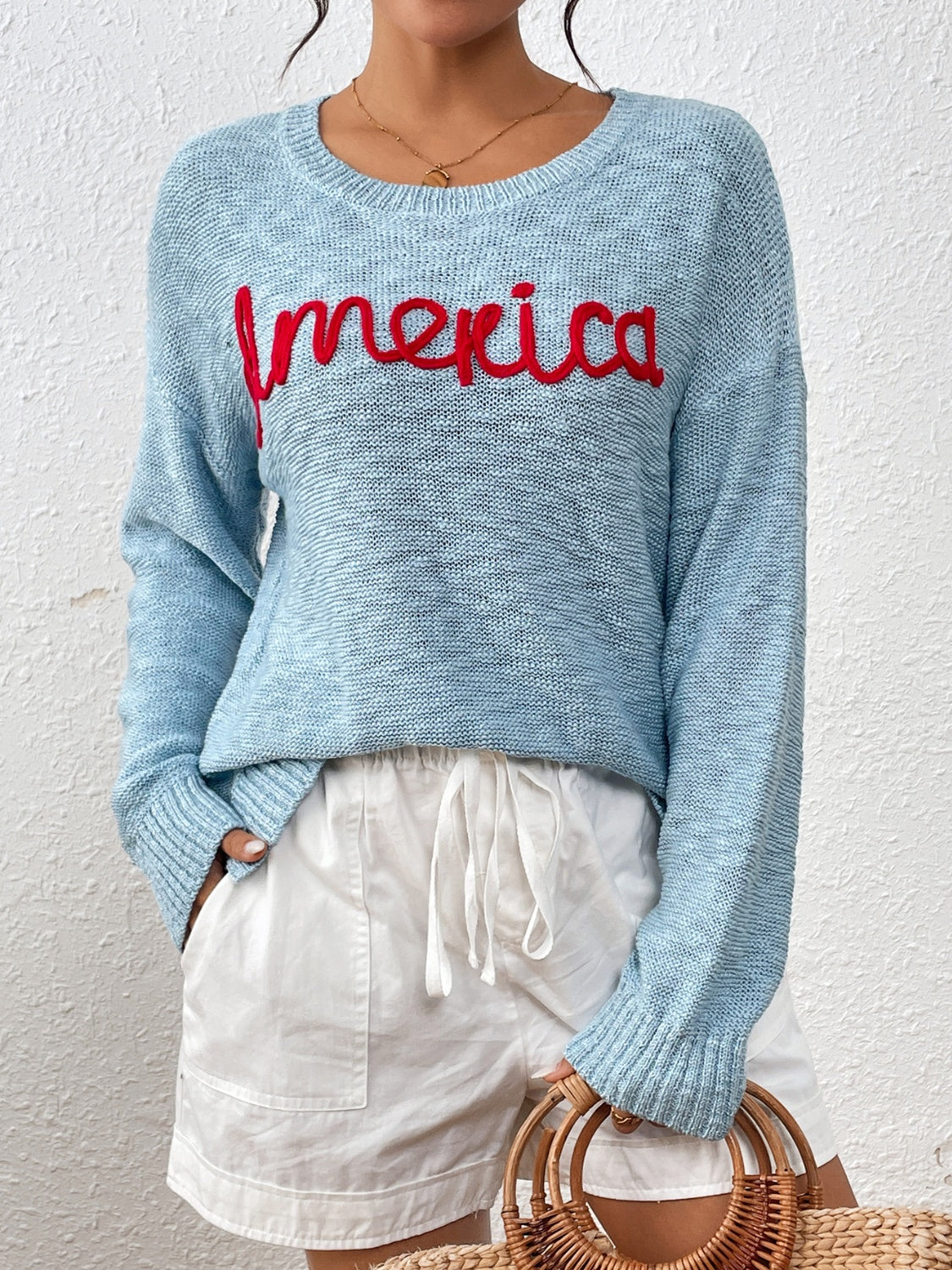 Letter Round Neck Long Sleeve Sweater-Angel Casuals