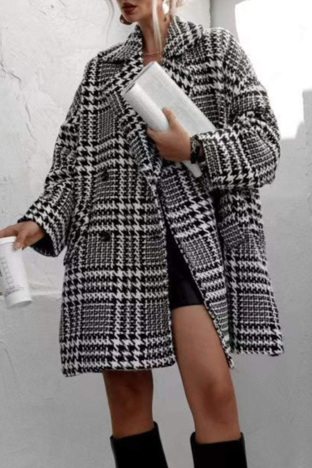 Houndstooth Collared Neck Long Sleeve Coat with Pockets-Angel Casuals