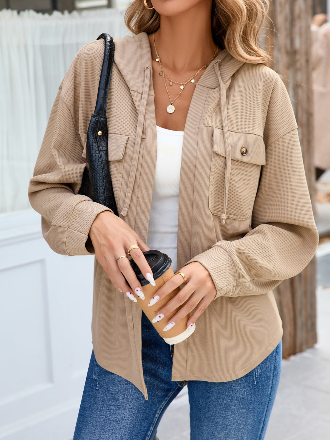 Waffle Knit Open Front Hooded Outerwear-Angel Casuals
