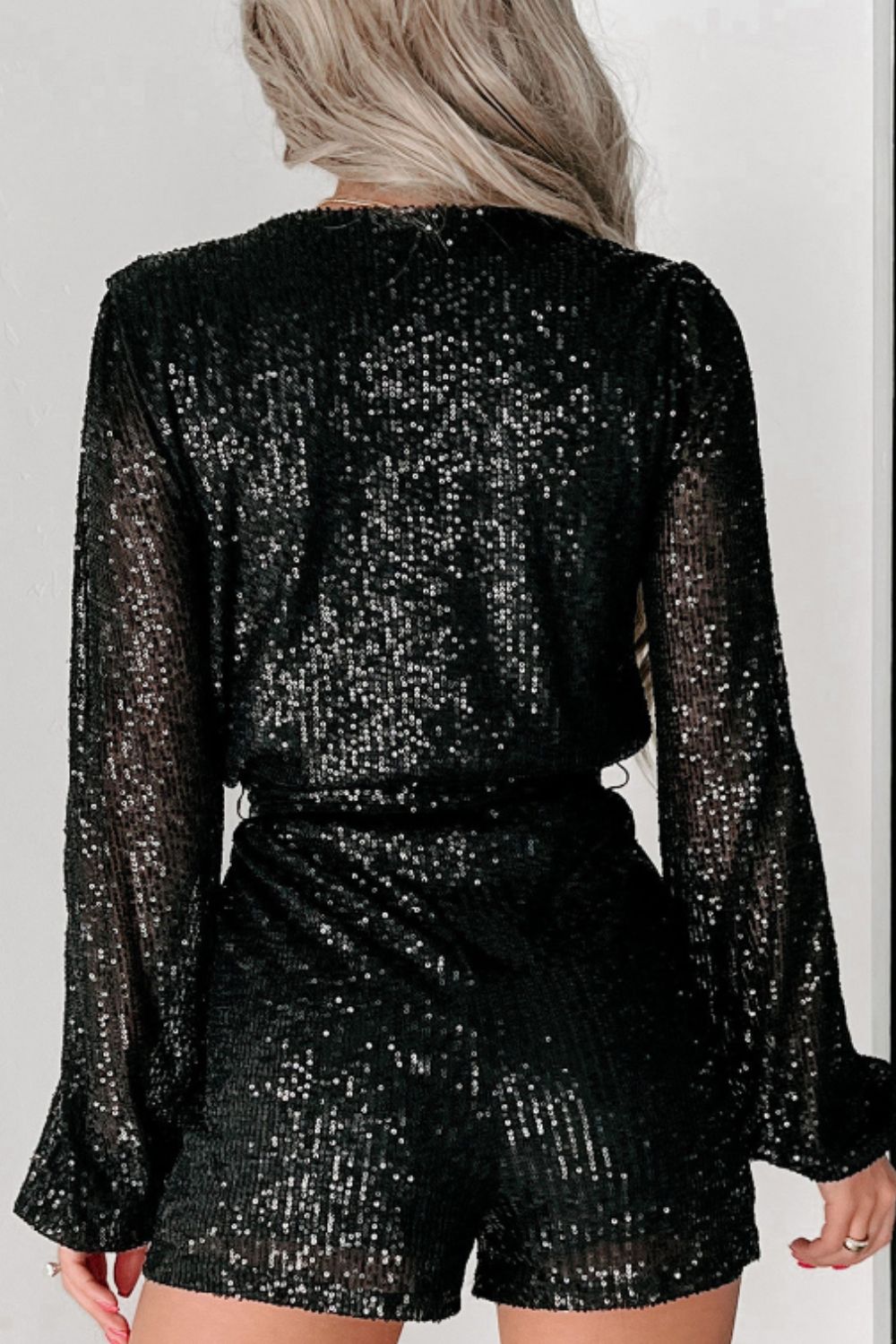Sequin Surplice Long Sleeve Romper-Angel Casuals