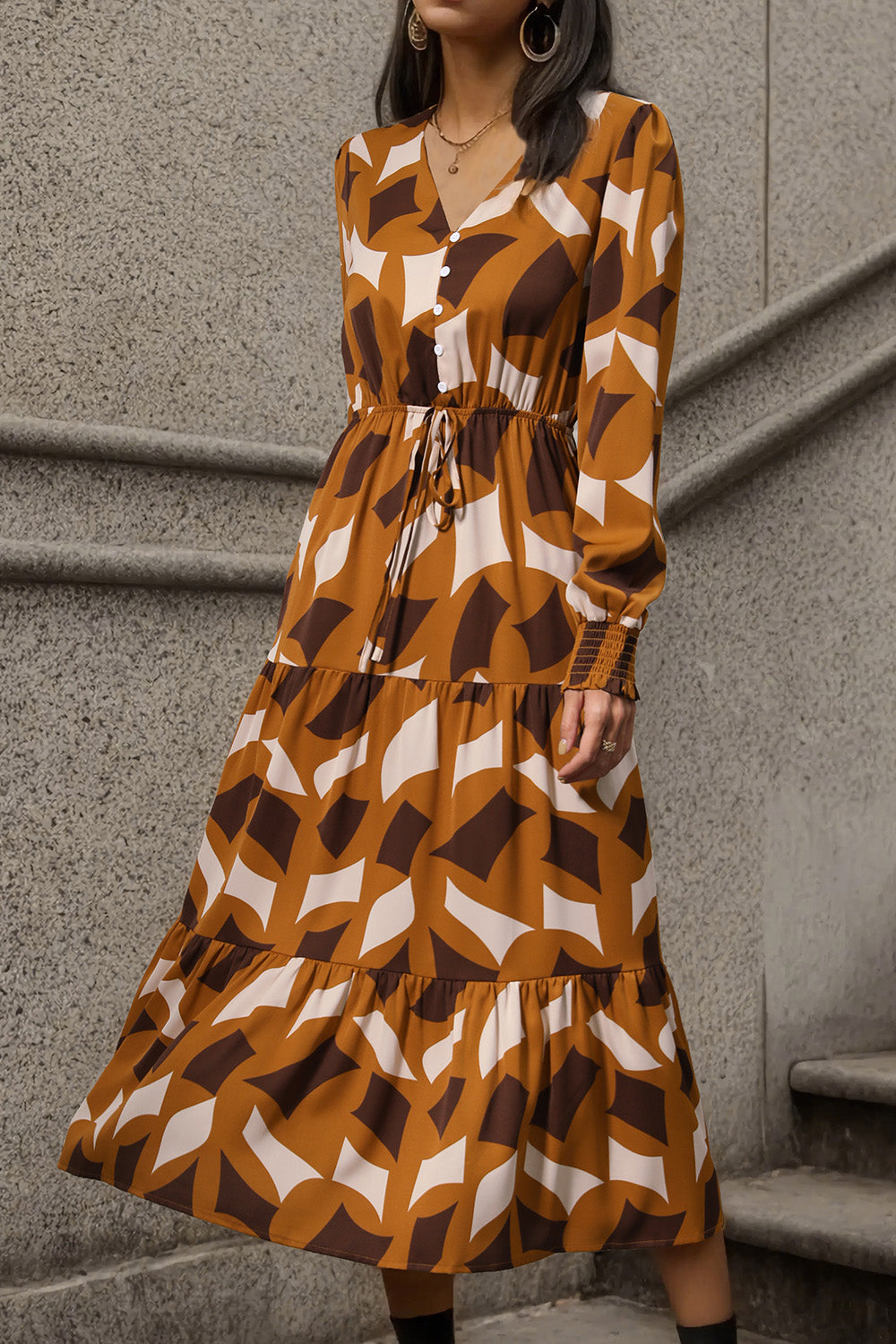 Printed Tied Pocketed Lantern Sleeve Dress-Angel Casuals