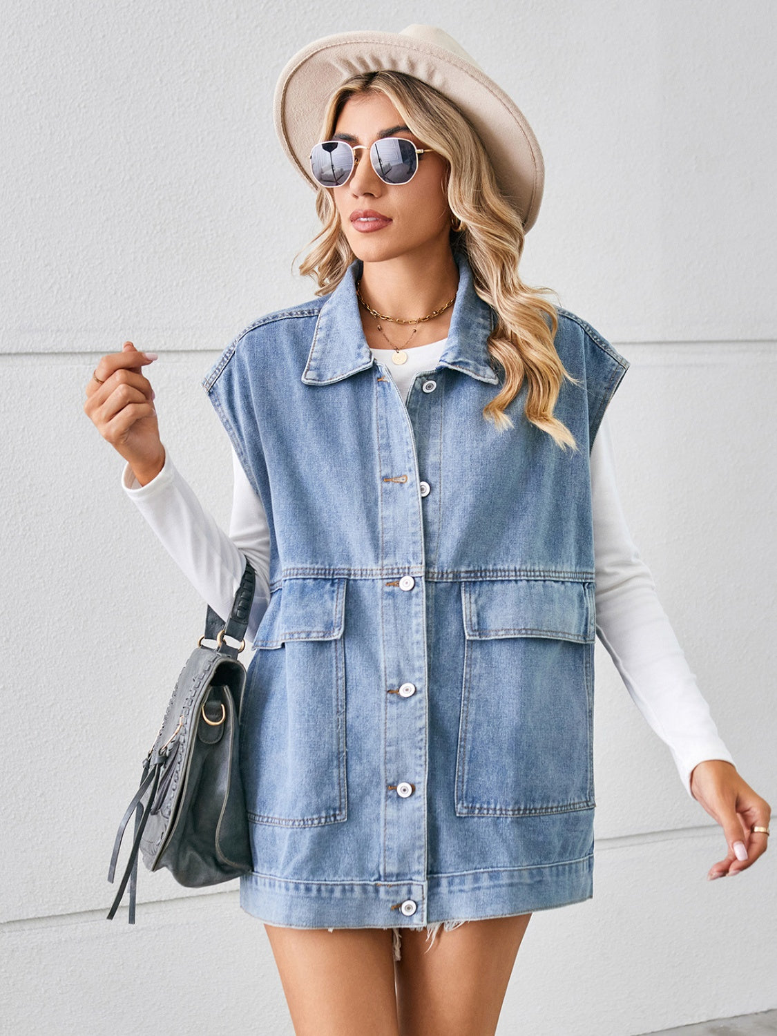 Pocketed Button Up Sleeveless Denim Jacket-Angel Casuals