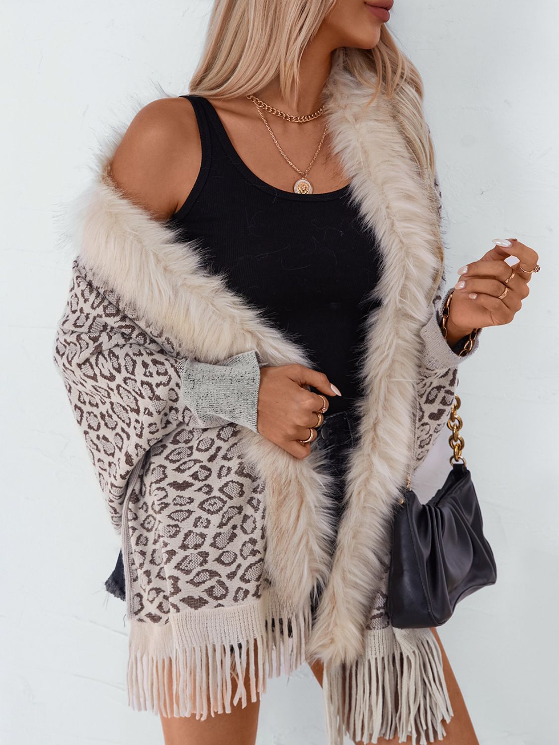 Fringe Leopard Open Front Long Sleeve Poncho-Angel Casuals