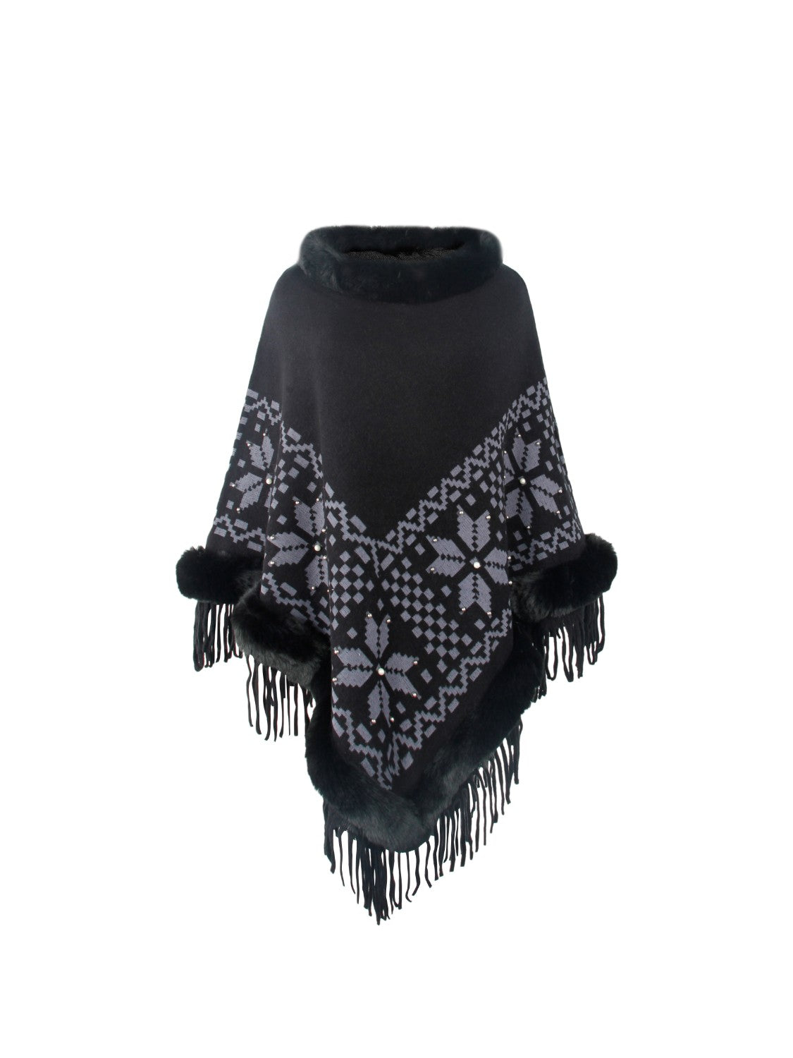 Fringe Geometric Cape Sleeve Poncho-Angel Casuals