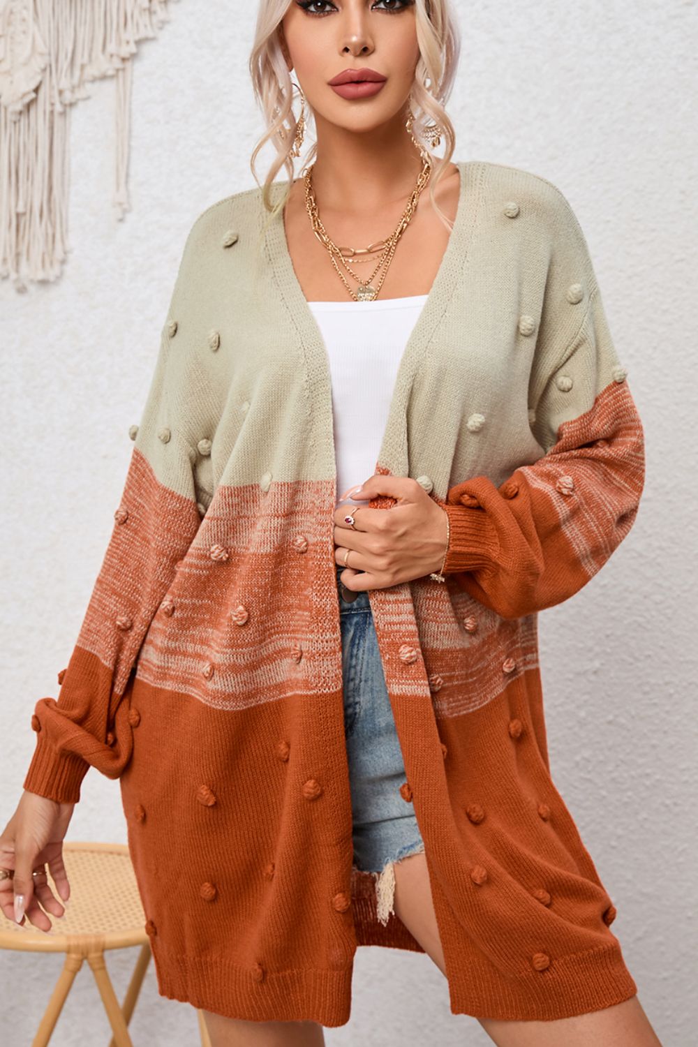 Pompom Color Block Open Front Cardigan-Angel Casuals