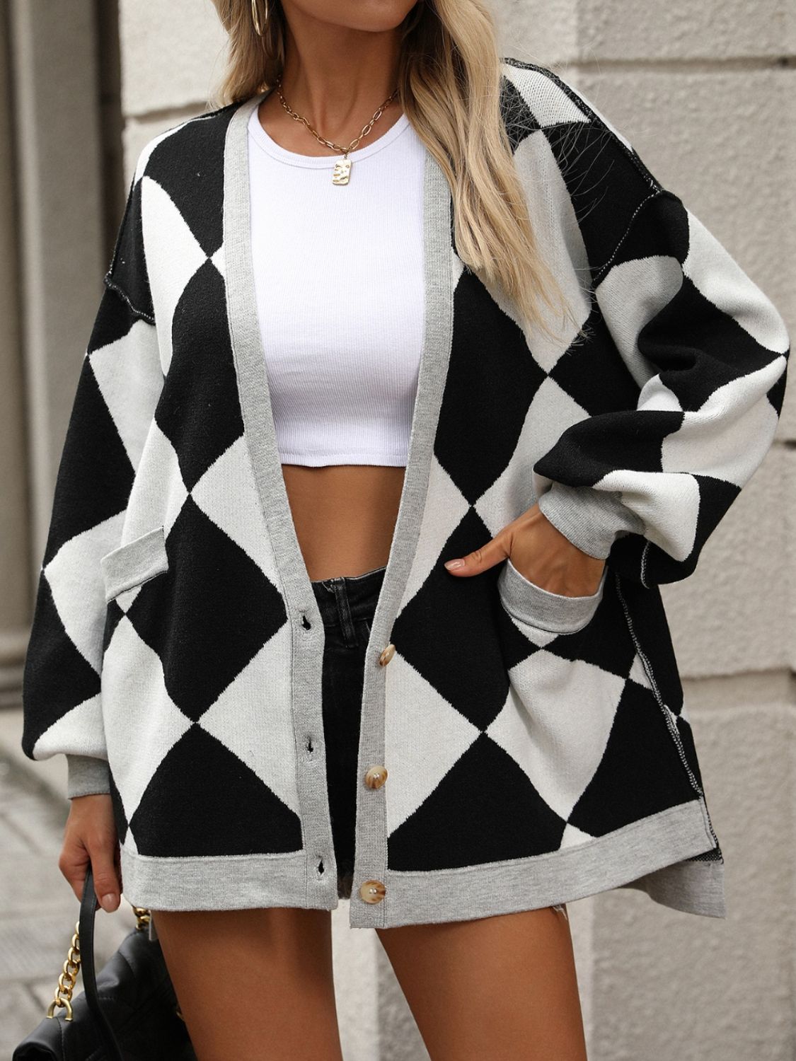 Checkered Dropped Shoulder Long Sleeve Cardigan-Angel Casuals