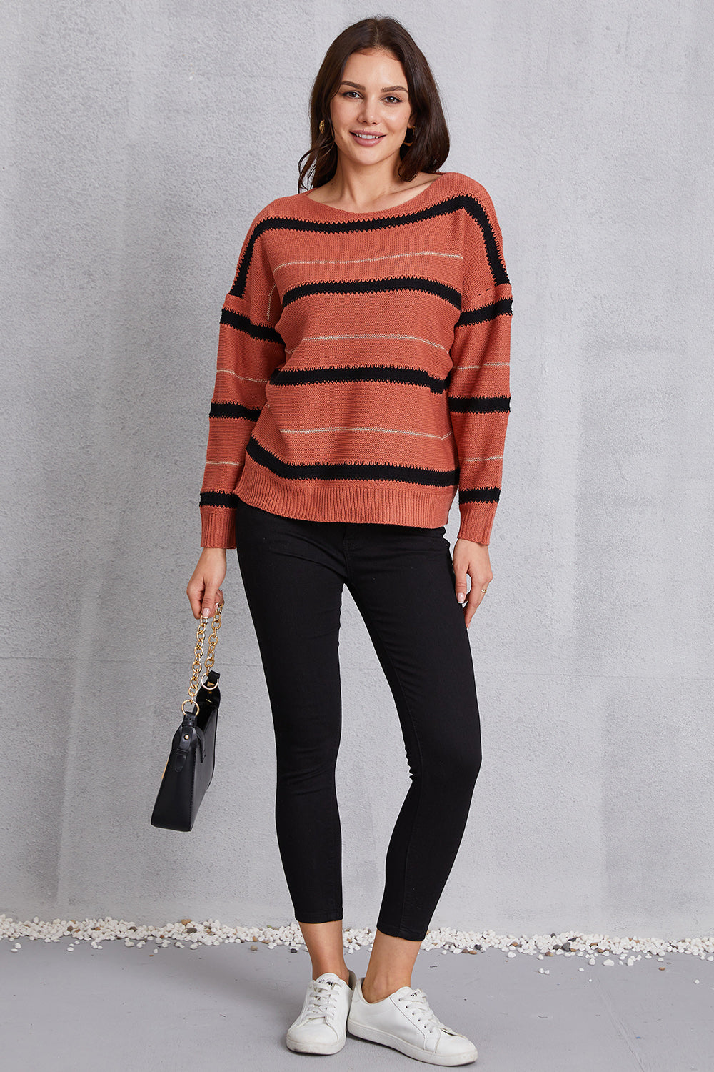 Striped Round Neck Dropped Shoulder Sweater-Angel Casuals