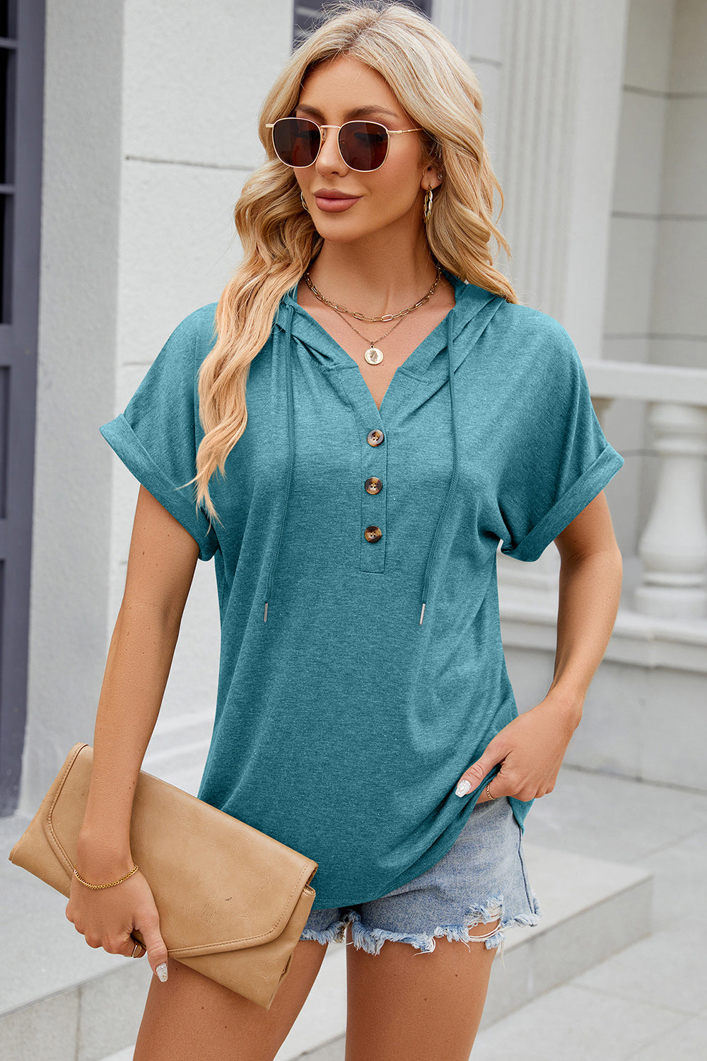 Half Button Drawstring Short Sleeve Hooded T-Shirt-Angel Casuals