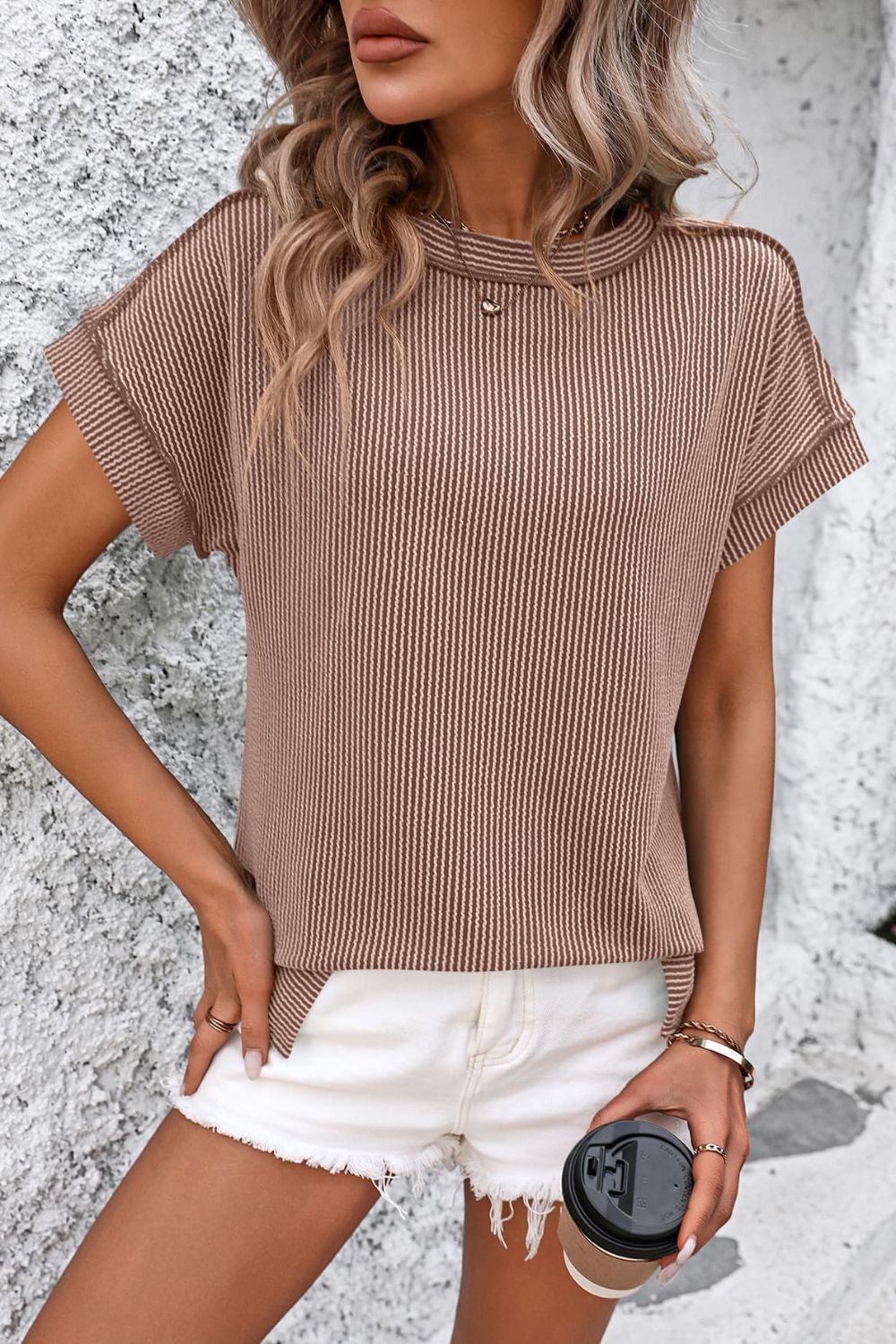 Striped Round Neck Short Sleeve T-Shirt-Angel Casuals