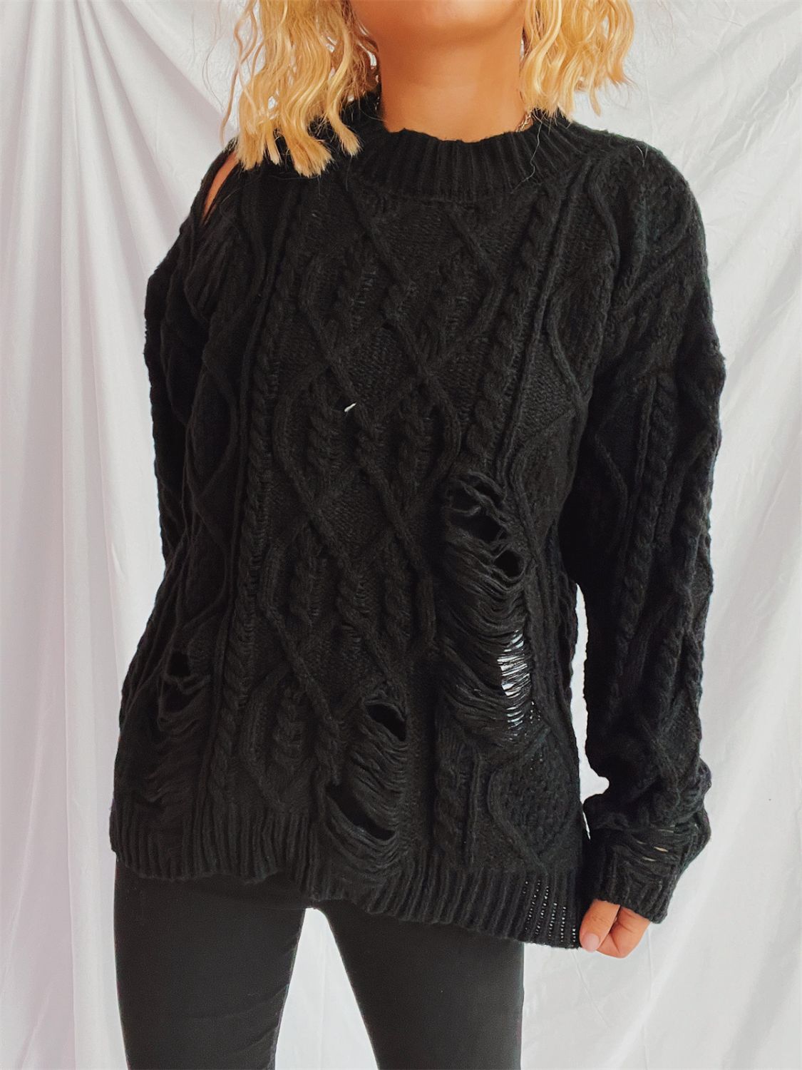 Distressed Cable-Knit Round Neck Long Sleeve Sweater-Angel Casuals
