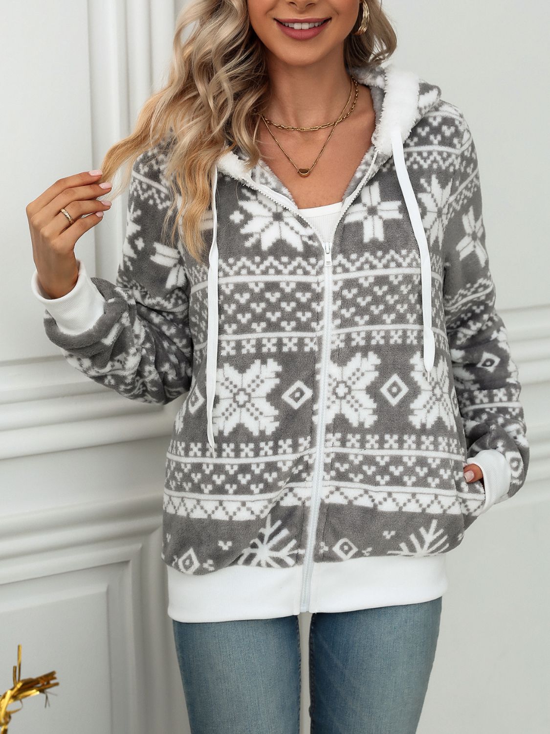 Drawstring Snowflake Zip Up Hooded Outerwear-Angel Casuals