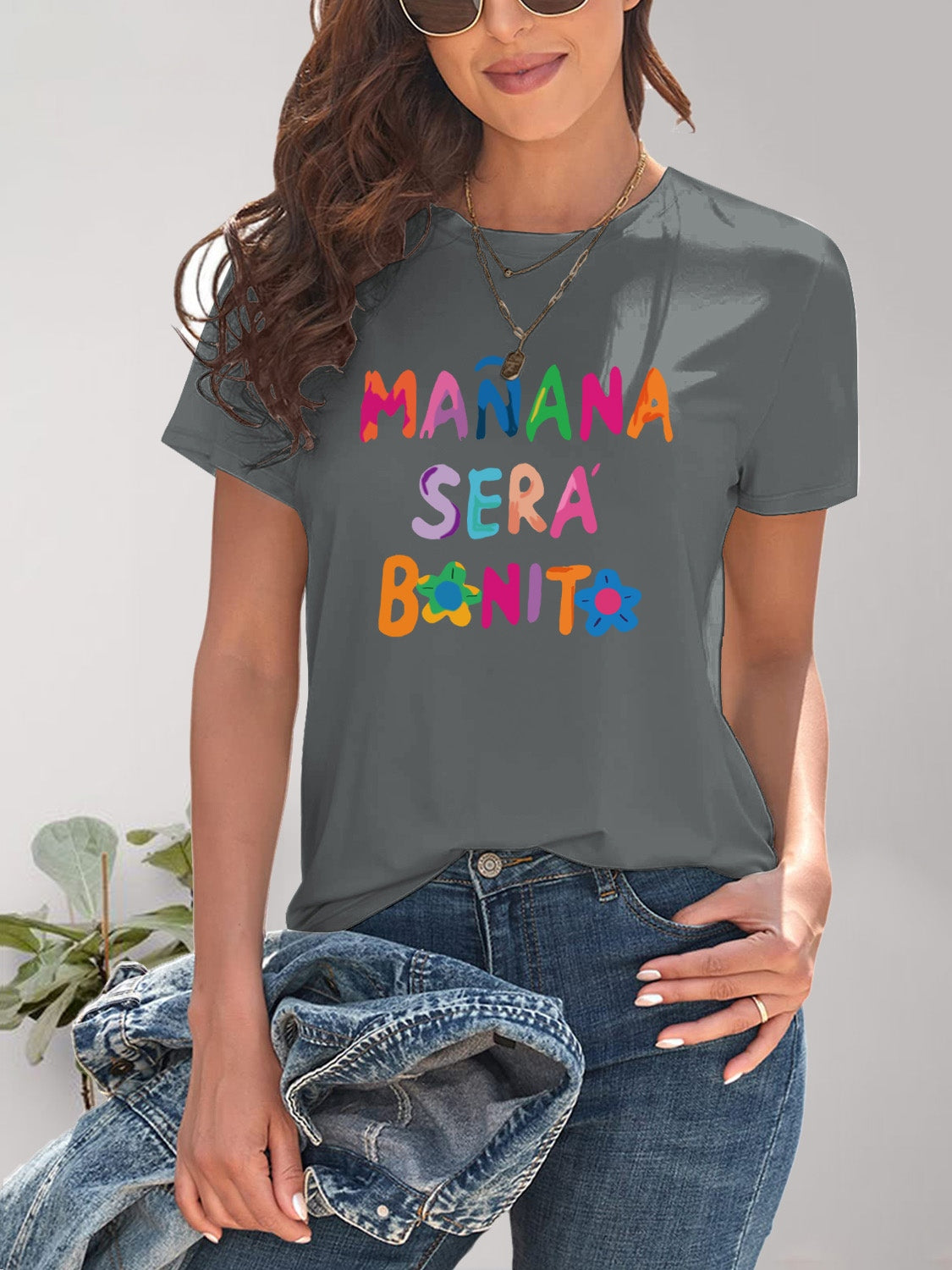 Letter Graphic Round Neck Short Sleeve T-Shirt-Angel Casuals