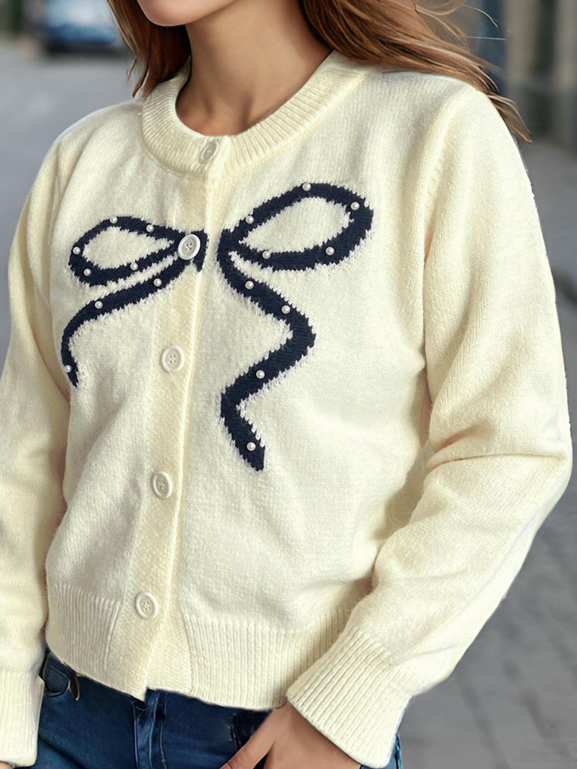 Bow Button Down Round Neck Cardigan-Angel Casuals