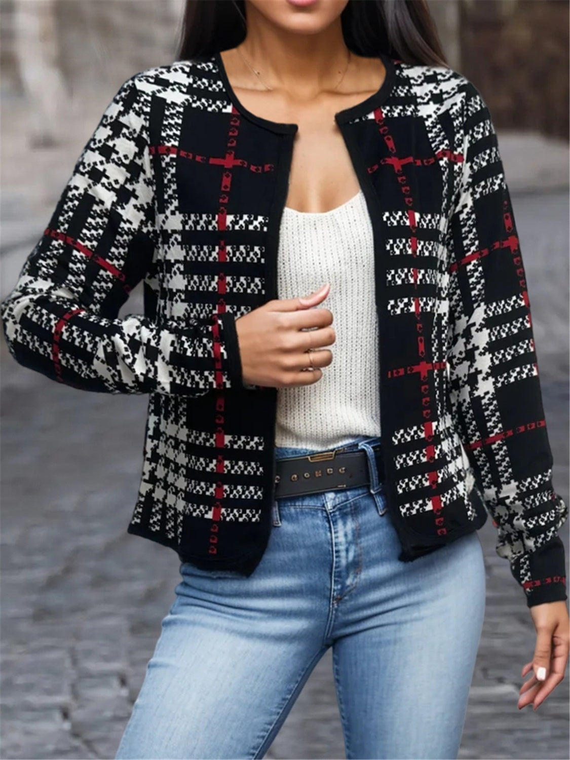 Plaid Open Front Long Sleeve Jacket-Angel Casuals