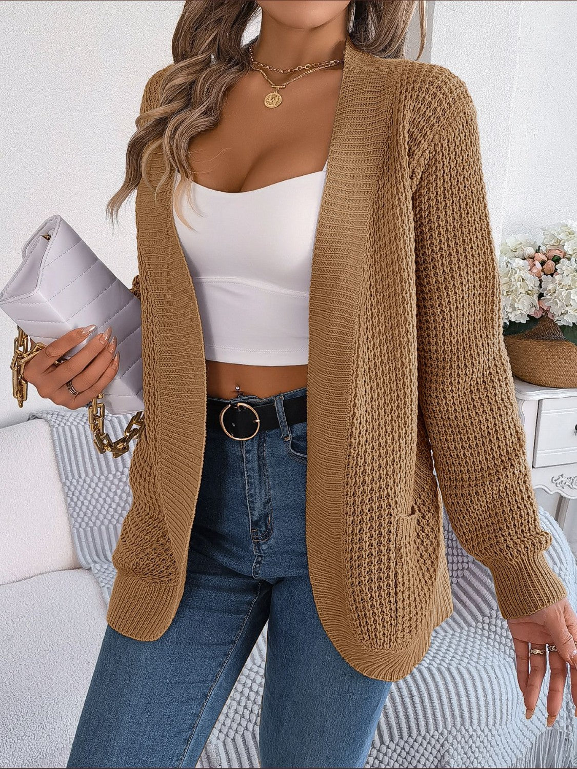 Open Front Long Sleeve Cardigan with Pockets-Angel Casuals