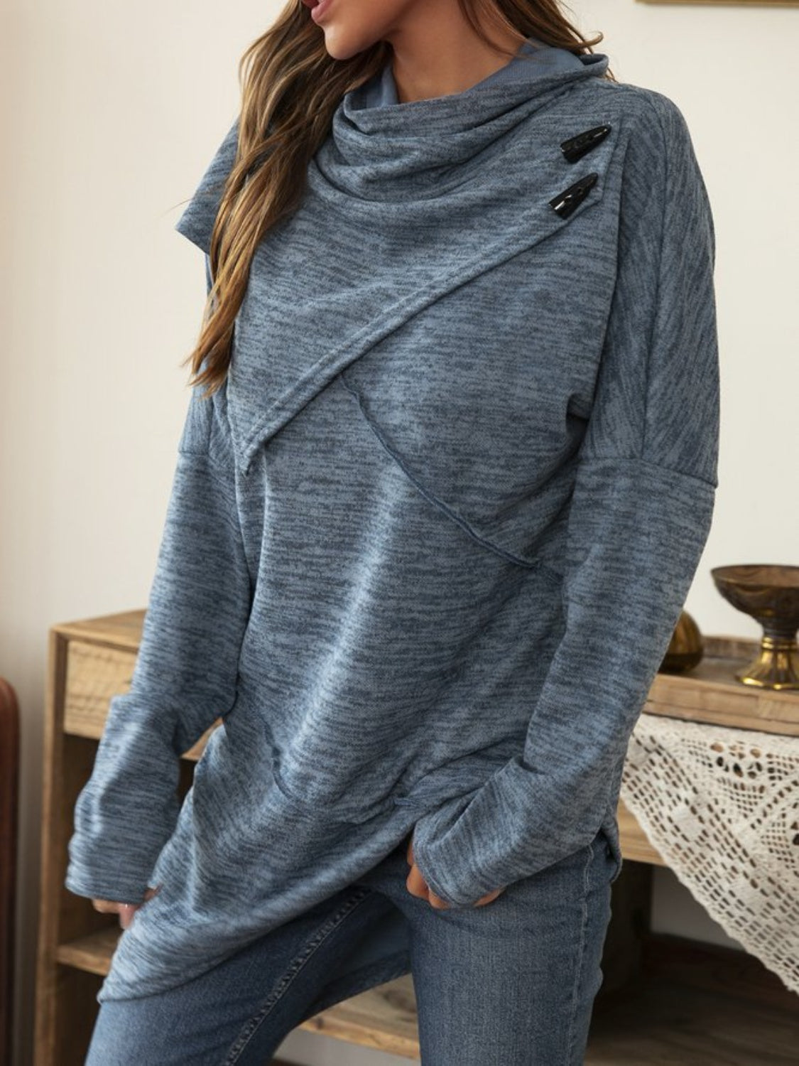 Asymmetrical Hem Cowl Neck Long Sleeve T-Shirt-Angel Casuals