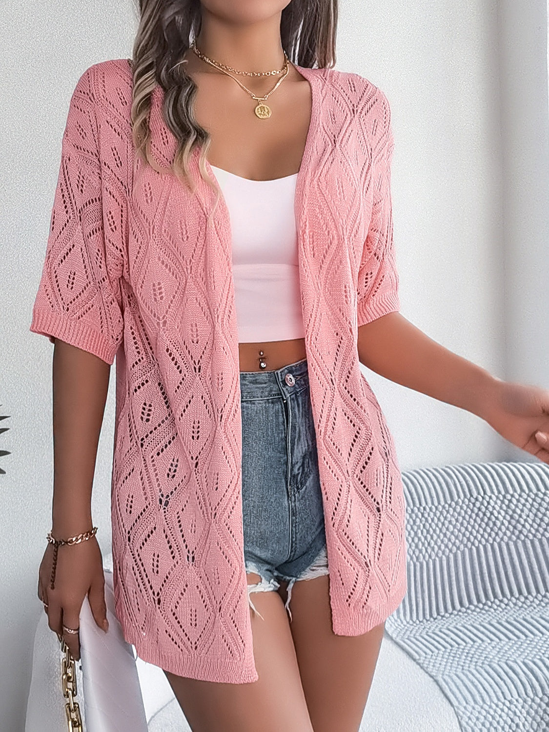 Openwork Open Front Half Sleeve Cardigan-Angel Casuals