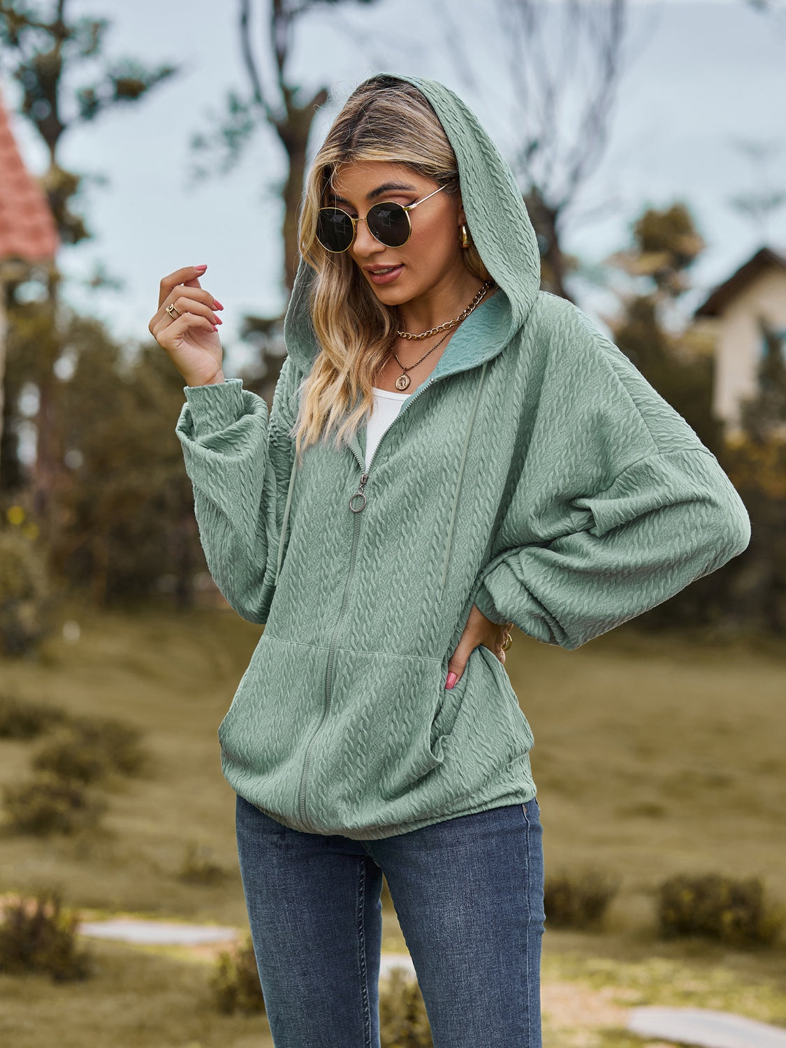 Zip Up Drawstring Long Sleeve Hooded Jacket-Angel Casuals