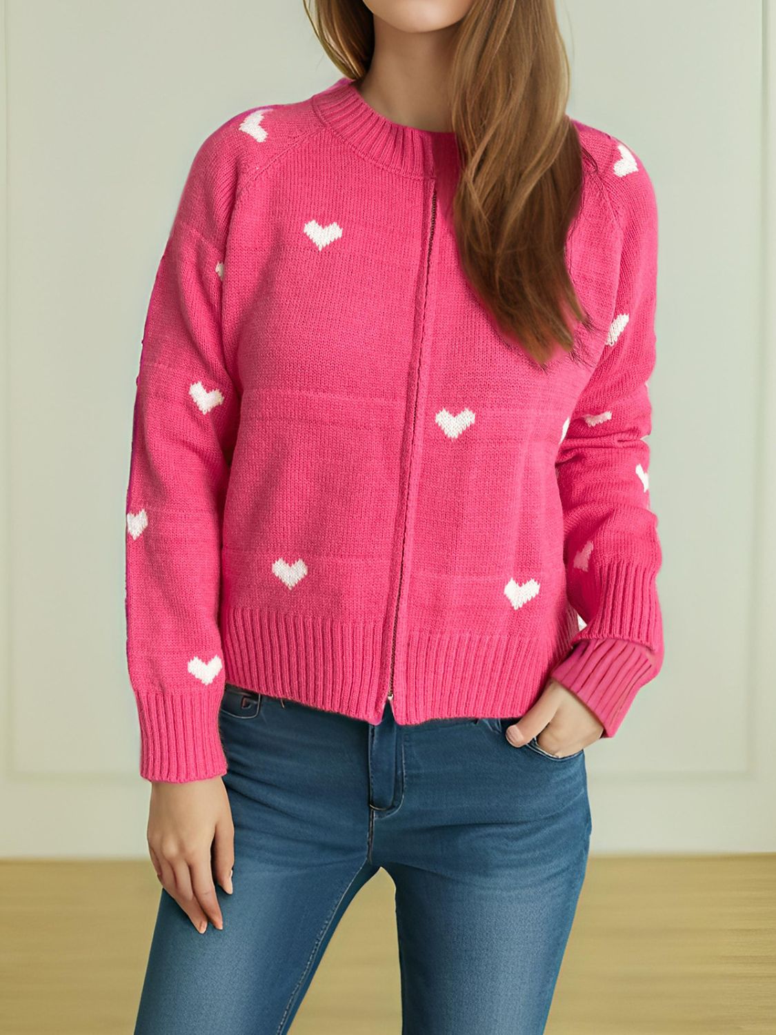 Heart Round Neck Zip Up Cardigan-Angel Casuals