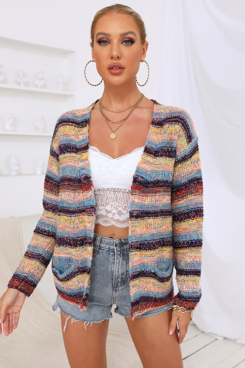 Striped Long Sleeve Open Front Cardigan-Angel Casuals