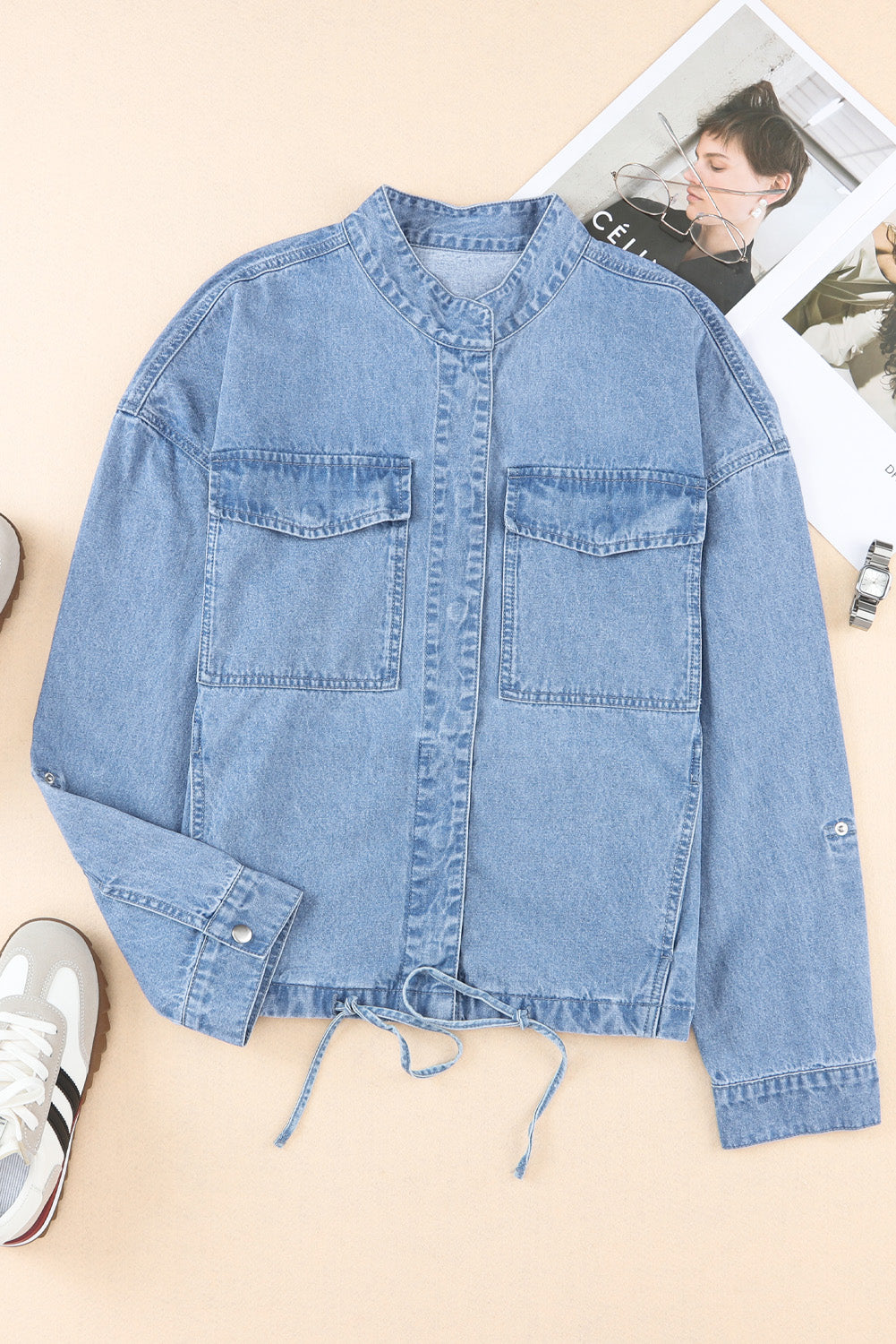 Drawstring Snap Down Denim Jacket with Chest Pockets-Angel Casuals