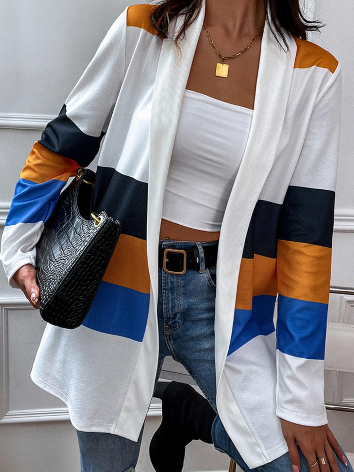 Shiny Color Block Open Front Cardigan-Angel Casuals
