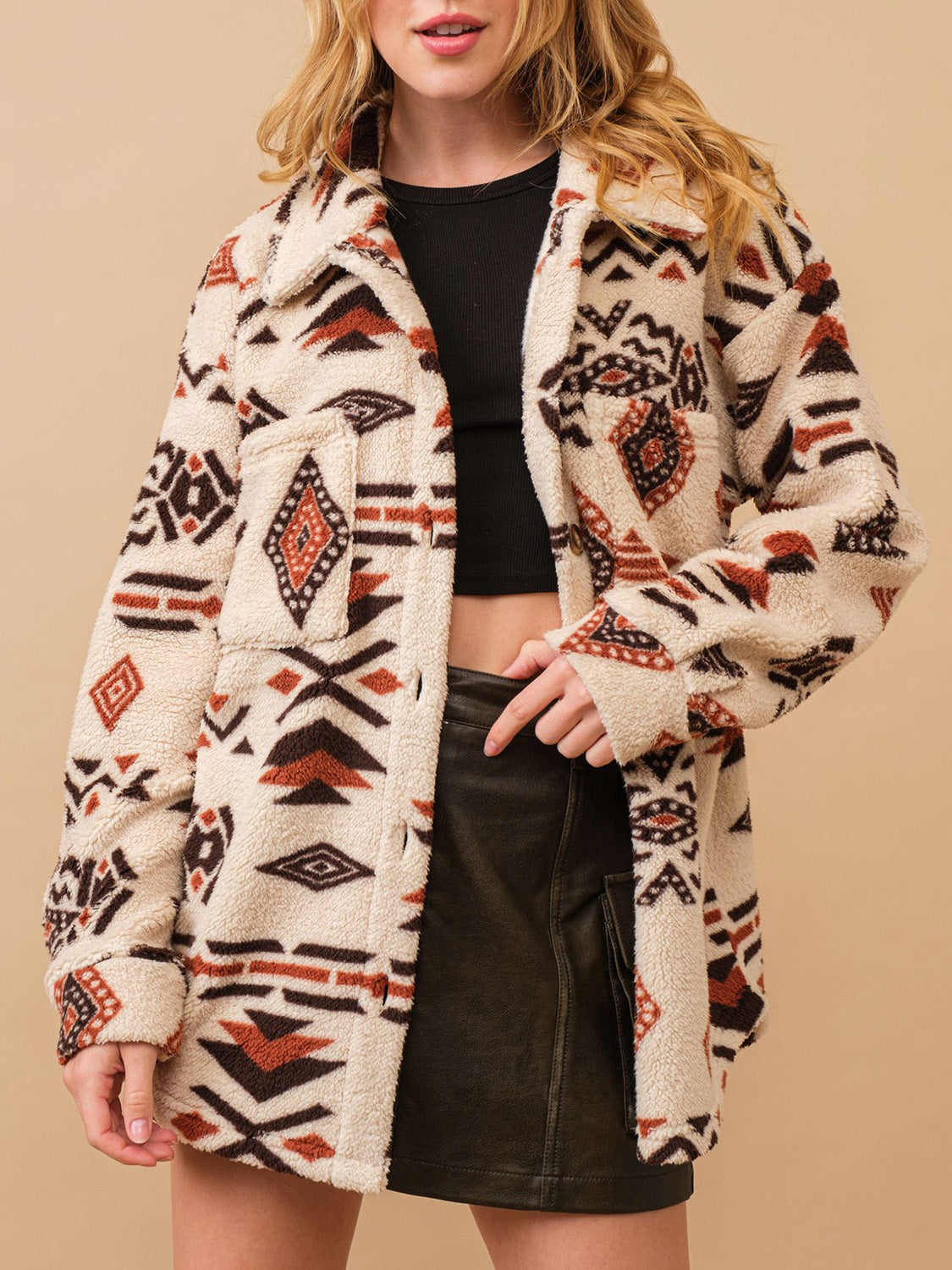 Geometric Button Up Long Sleeve Sherpa Jacket-Angel Casuals