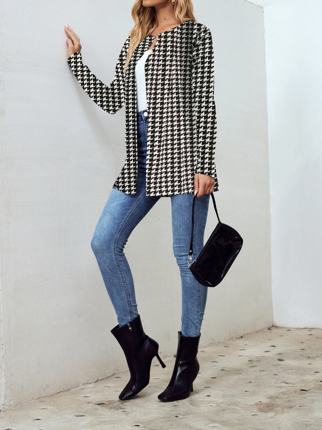 Houndstooth Open Front Long Sleeve Jacket-Angel Casuals