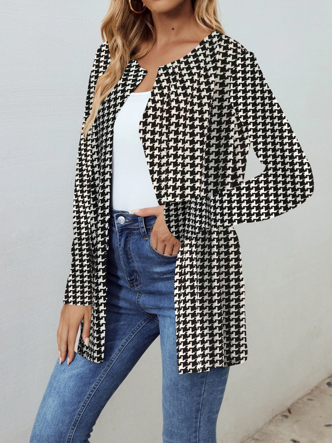 Houndstooth Open Front Long Sleeve Jacket-Angel Casuals