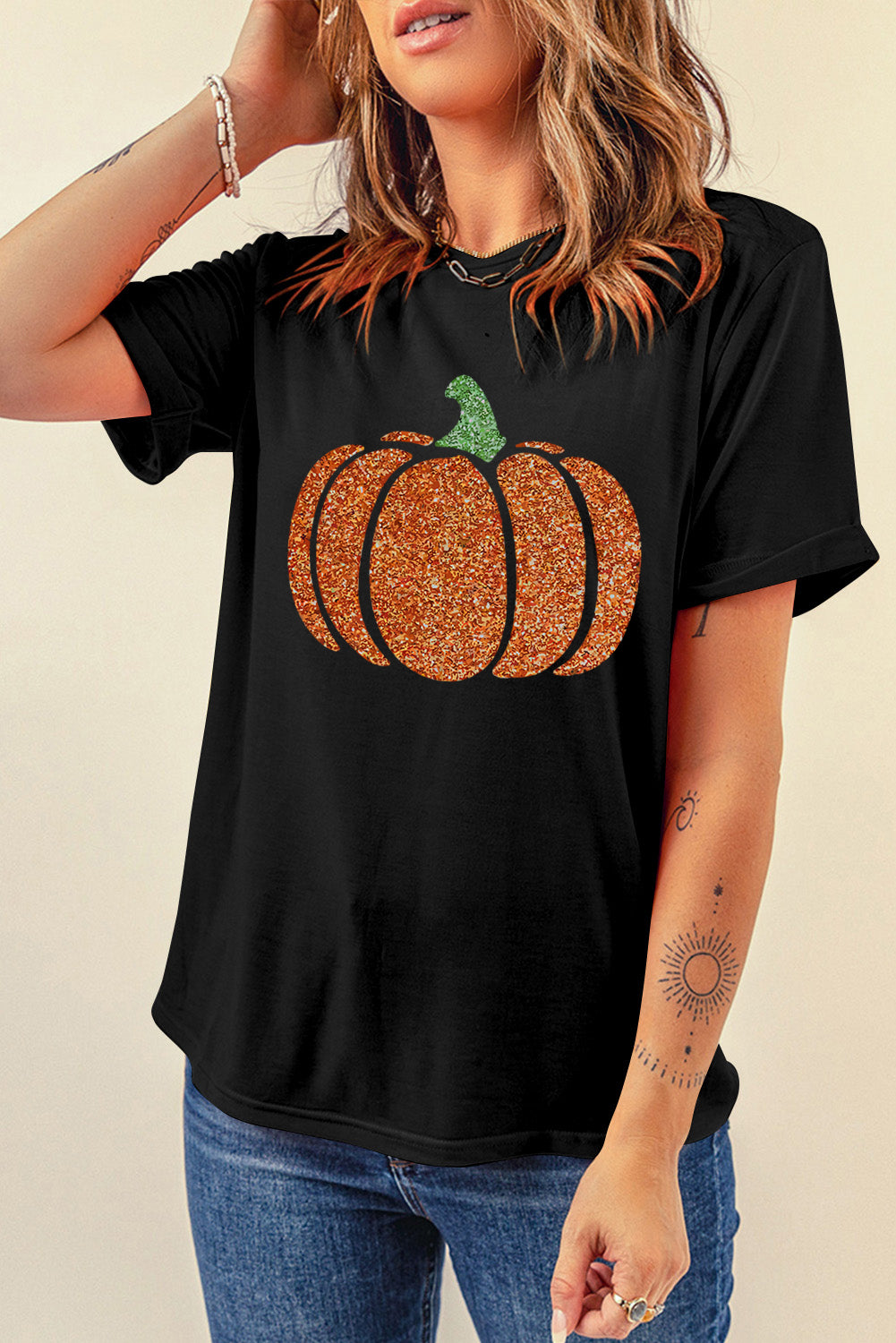Glitter Pumpkin Round Neck Short Sleeve T-Shirt-Angel Casuals