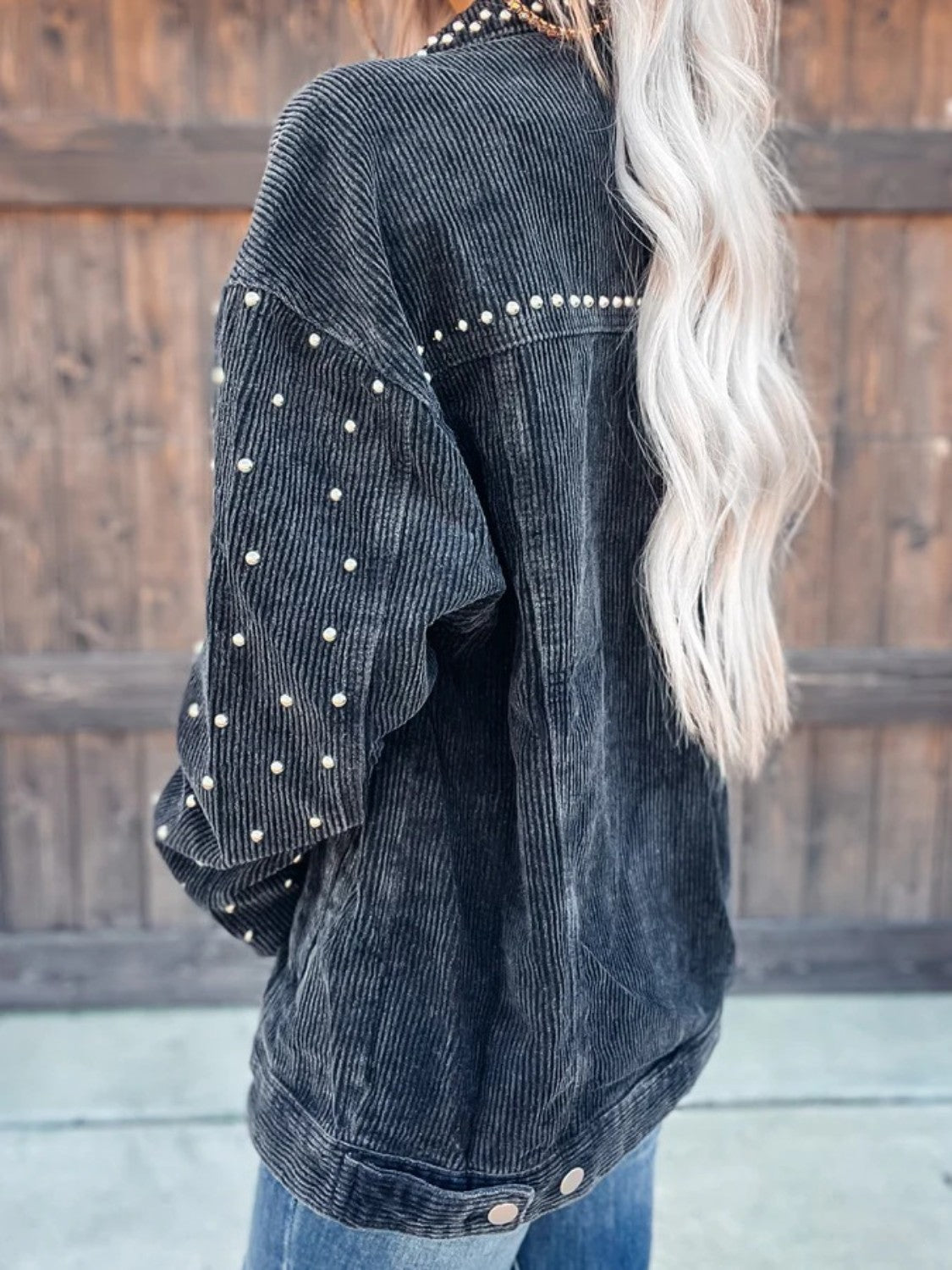 Studded Collared Neck Button Down Jacket-Angel Casuals