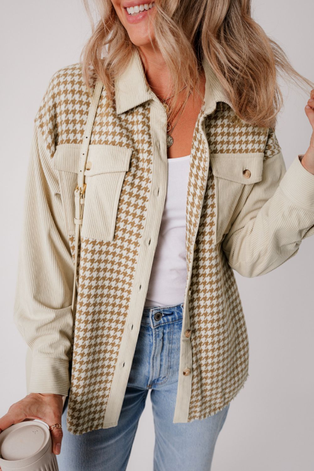 Houndstooth Button Up Long Sleeve Jacket-Angel Casuals