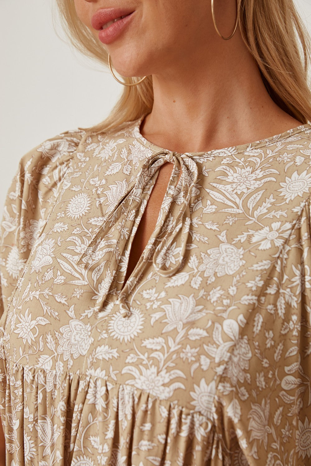 Floral Tie Neck Ruched Babydoll Dress-Angel Casuals