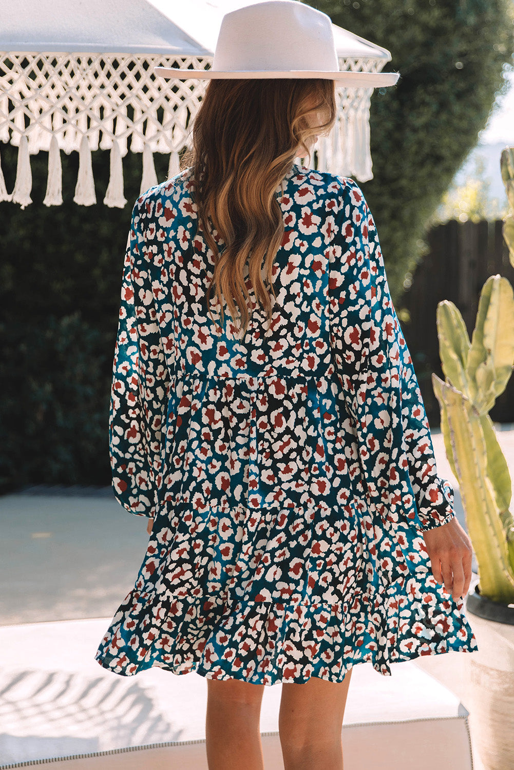 Leopard Half Button Balloon Sleeve Tiered Dress-Angel Casuals