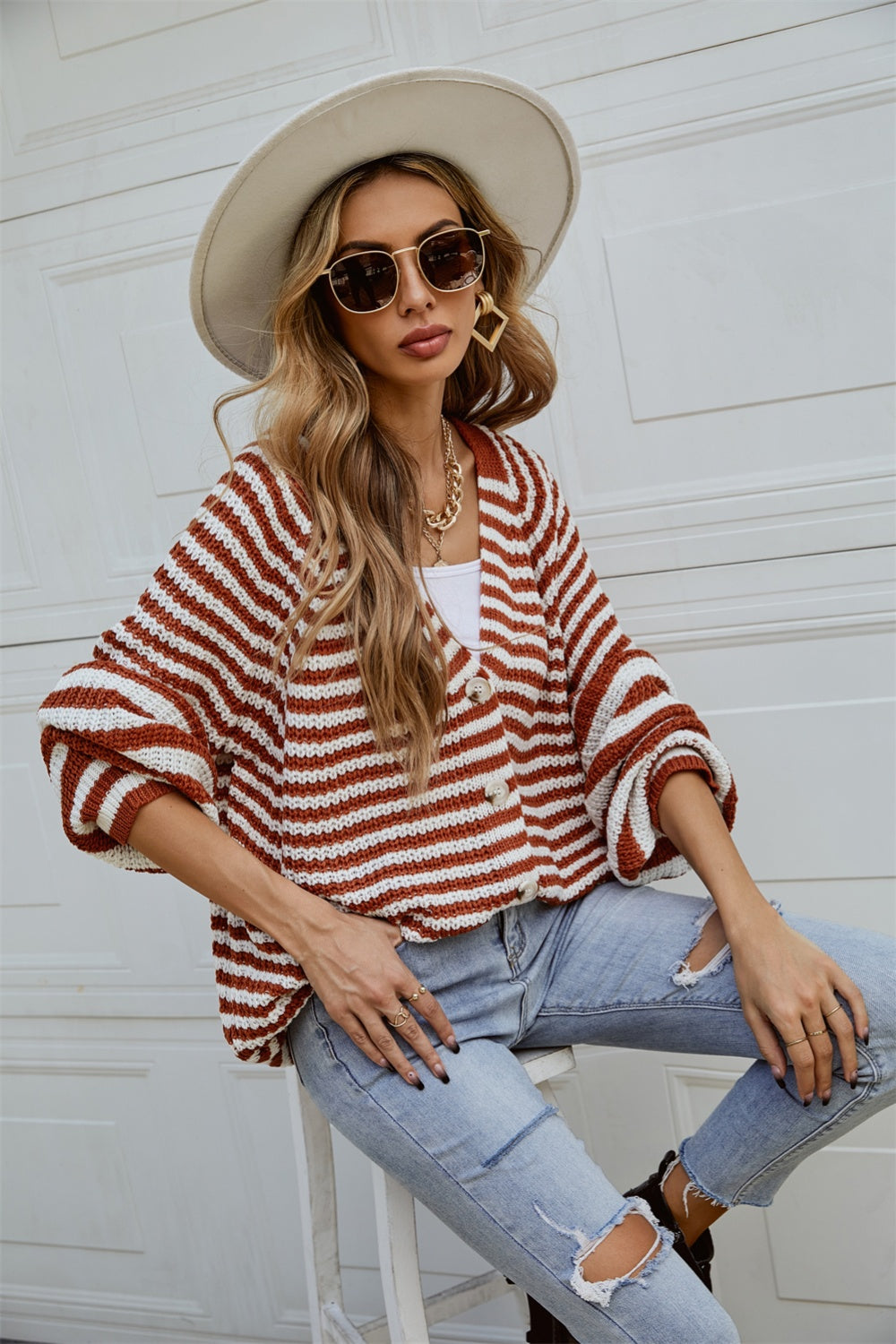 Angel Wings Striped Button Up Long Sleeve Cardigan-Angel Casuals