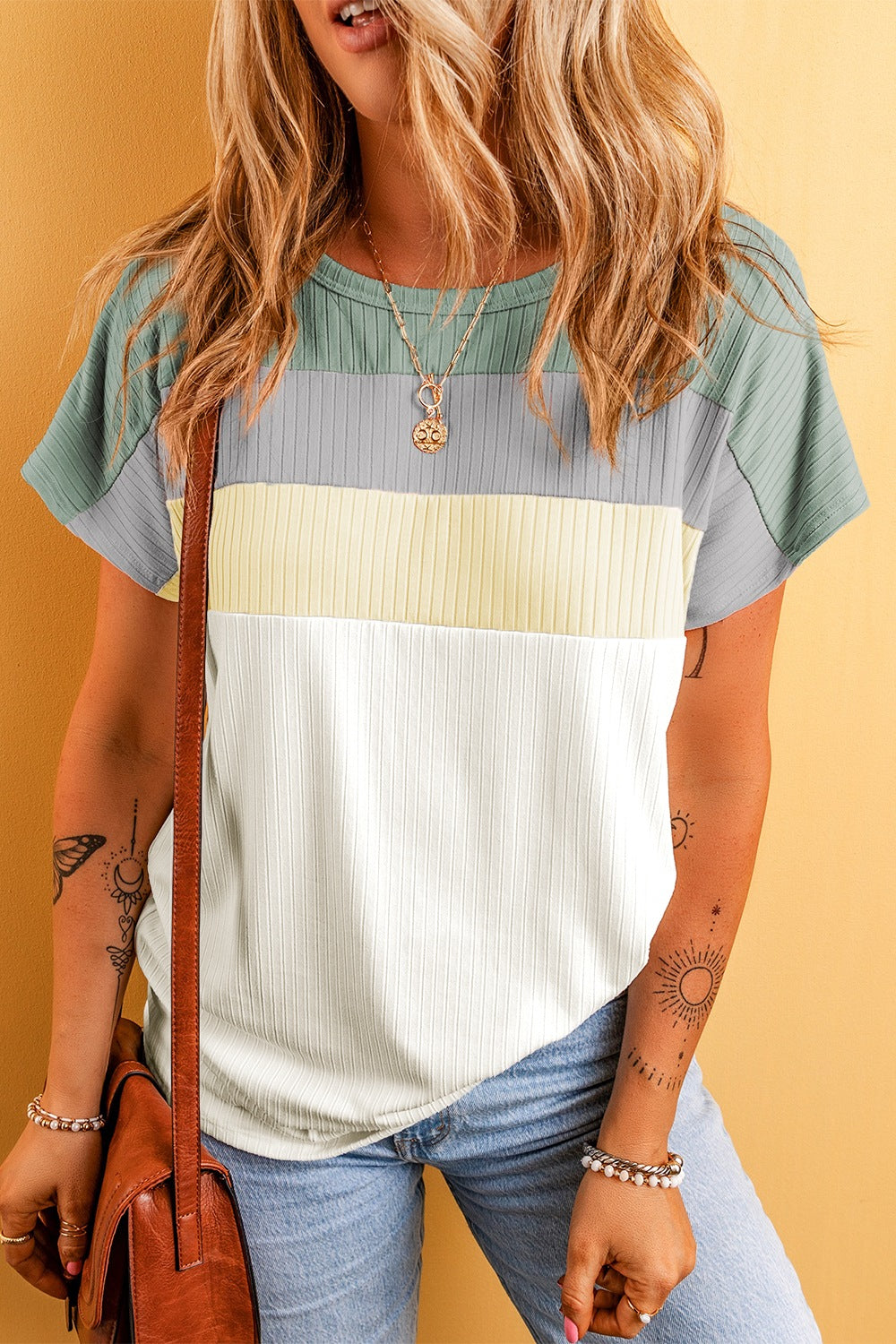 Color Block Round Neck Short Sleeve T-Shirt-Angel Casuals