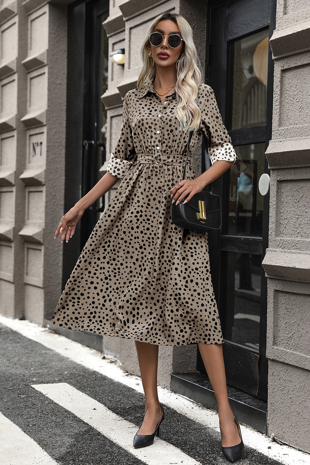 Printed Belted Long Sleeve Midi Dress-Angel Casuals