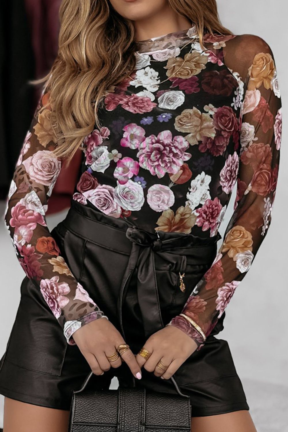 Floral Mock Neck Long Sleeve Mesh Top-Angel Casuals
