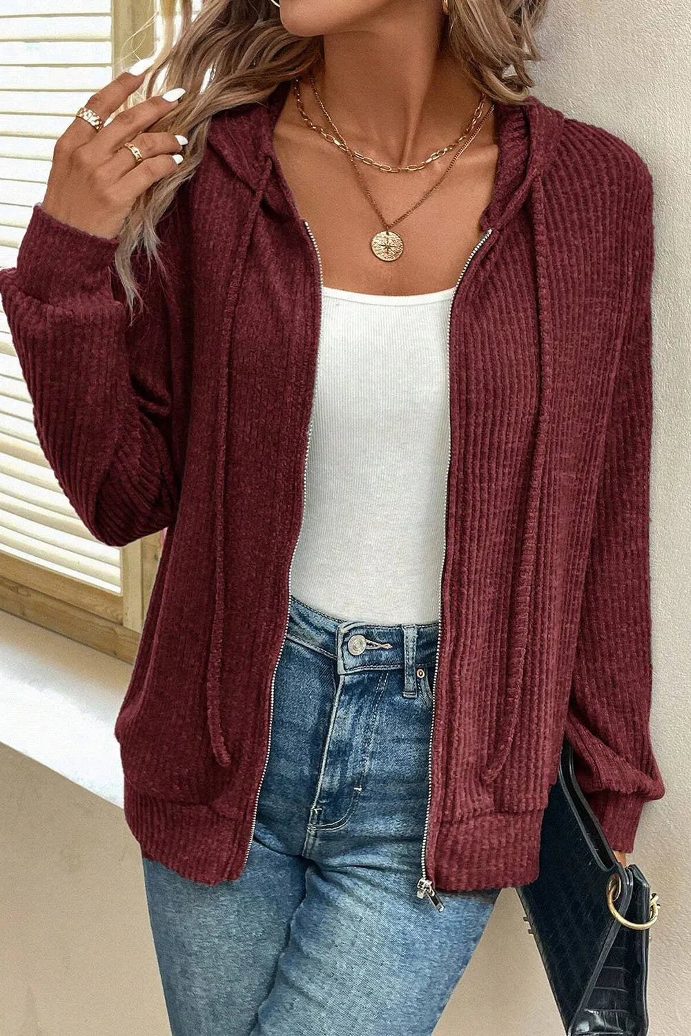 Drawstring Zip Up Long Sleeve Hooded Jacket-Angel Casuals