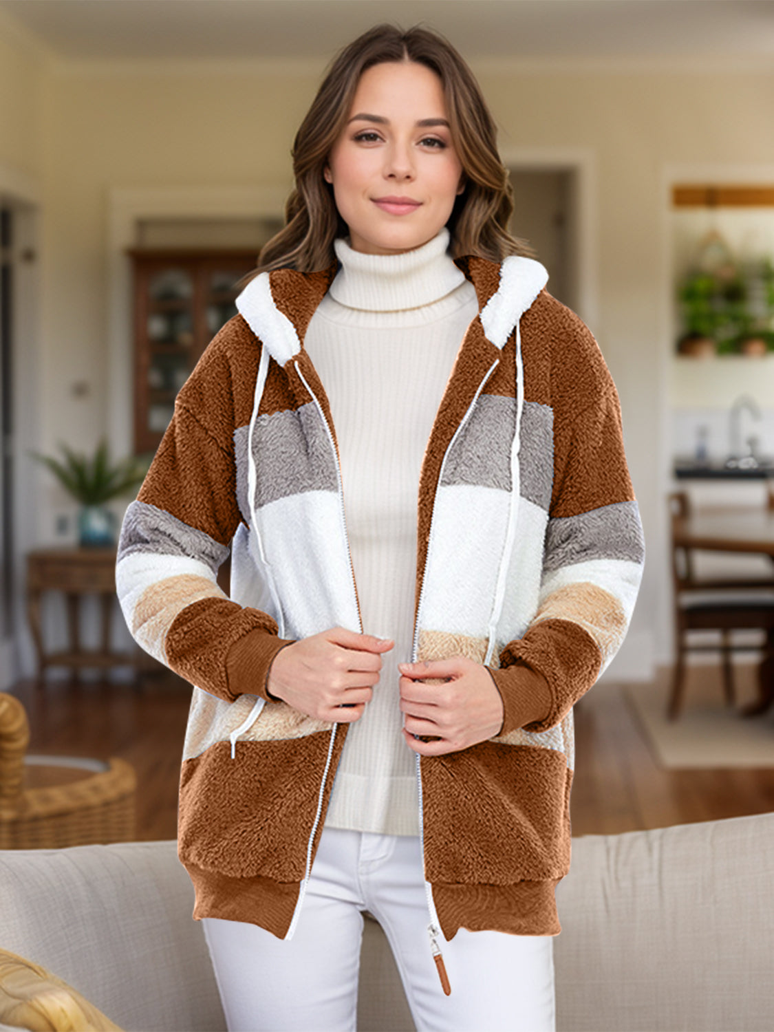 Full Size Drawstring Color Block Zip Up Hooded Outerwear-Angel Casuals