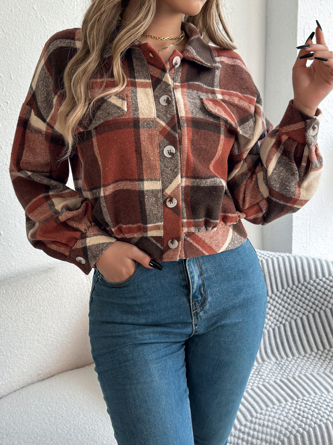 Plaid Button Up Long Sleeve Jacket-Angel Casuals