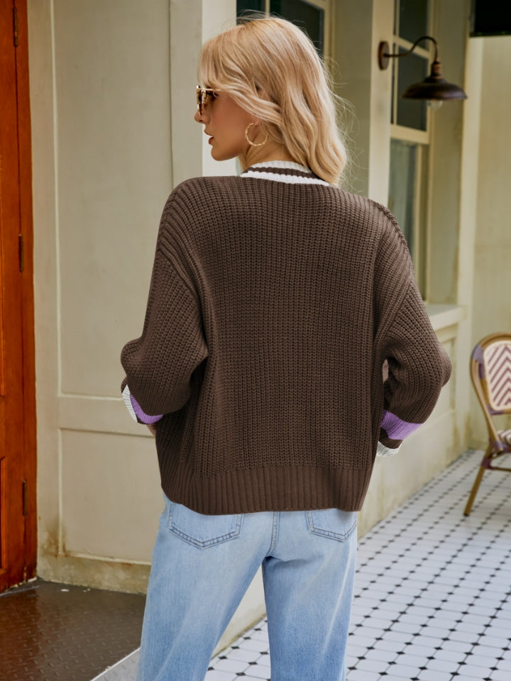 Contrast Button Up Dropped Shoulder Cardigan-Angel Casuals