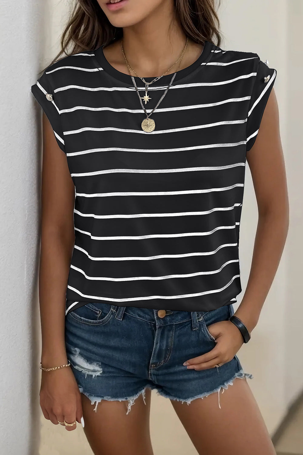 Decorative Button Round Neck T-Shirt-Angel Casuals